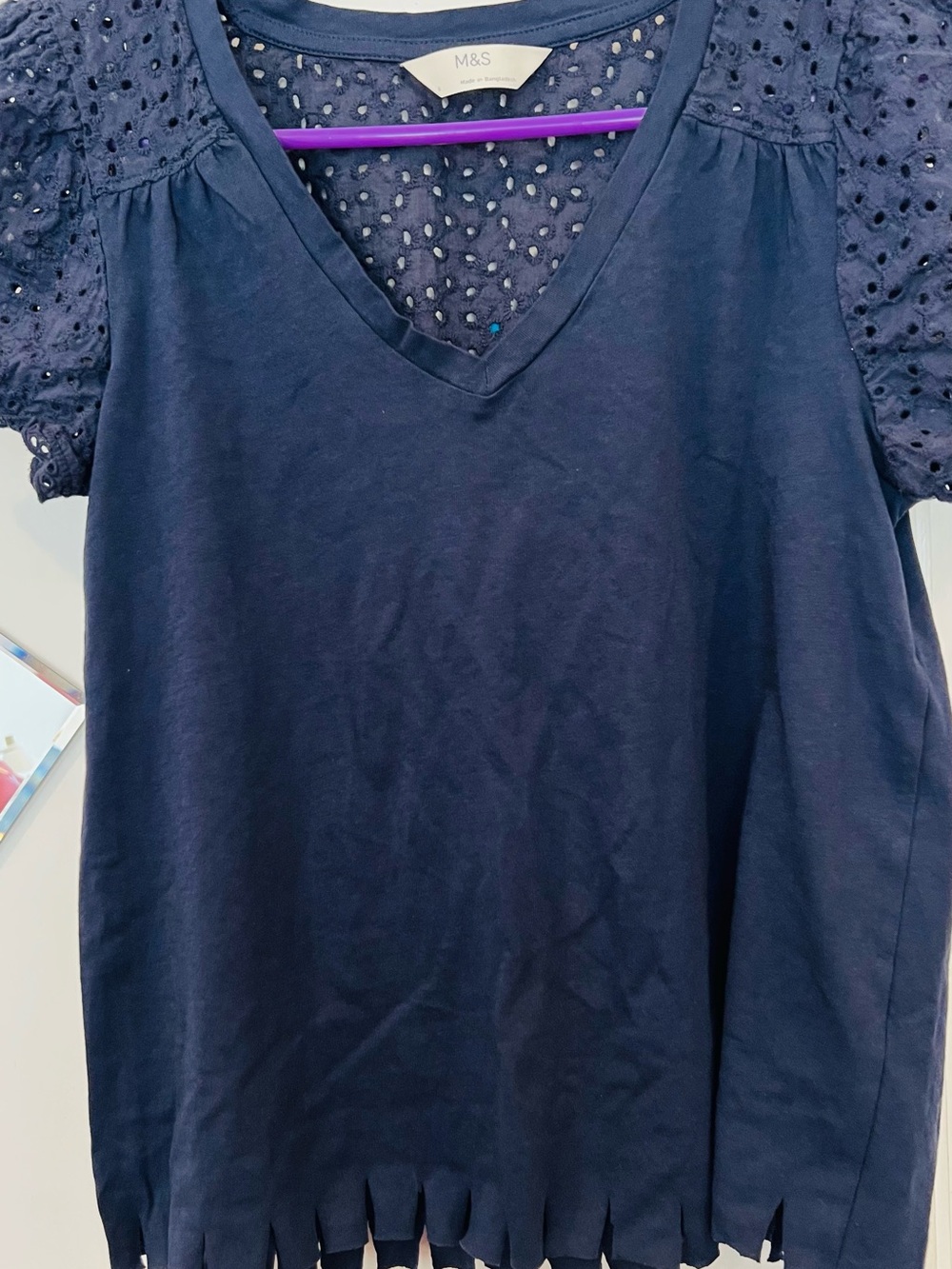 Mark & Spencer Women's Navy Eyelet Sleeve V-Neck Top size 6